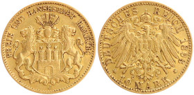 DEUTSCHE MÜNZEN NACH 1871
GOLDMÜNZEN des DEUTSCHEN KAISERREICHS
HAMBURG, Freie und Hansestadt
10 Mark 1893 J. J. 211. 
ss