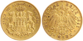 DEUTSCHE MÜNZEN NACH 1871
GOLDMÜNZEN des DEUTSCHEN KAISERREICHS
HAMBURG, Freie und Hansestadt
10 Mark 1896 J. J. 211. Leichte Biegespur 
ss