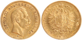 DEUTSCHE MÜNZEN NACH 1871
GOLDMÜNZEN des DEUTSCHEN KAISERREICHS
HESSEN, Großherzogtum
Ludwig III., 1848–1877. 20 Mark 1873 H. J. 214. 
ss-vz