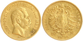 DEUTSCHE MÜNZEN NACH 1871
GOLDMÜNZEN des DEUTSCHEN KAISERREICHS
HESSEN, Großherzogtum
20 Mark 1873 H. J. 214. 
ss