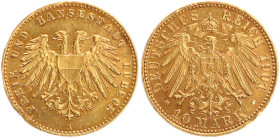 DEUTSCHE MÜNZEN NACH 1871
GOLDMÜNZEN des DEUTSCHEN KAISERREICHS
LÜBECK, Freie und Hansestadt
10 Mark 1901 A. J. 227. Große Randkerbe, sonst 
vz...