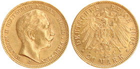 DEUTSCHE MÜNZEN NACH 1871
GOLDMÜNZEN des DEUTSCHEN KAISERREICHS
PREUSSEN, Königreich
Willhelm II., 1888–1918. 20 Mark 1905 J. J. 252. 
vz