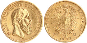 DEUTSCHE MÜNZEN NACH 1871
GOLDMÜNZEN des DEUTSCHEN KAISERREICHS
WÜRTTEMBERG, Königreich
Karl, 1864–1891. 20 Mark 1873 F. J. 290. 
ss