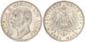 DEUTSCHE MÜNZEN NACH 1871
SILBERMÜNZEN des DEUTSCHEN KAISERREICHS
ANHALT, Herzogtum
3 Mark 1909 A. J. 23. 
ss