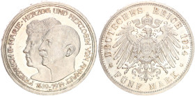 DEUTSCHE MÜNZEN NACH 1871
SILBERMÜNZEN des DEUTSCHEN KAISERREICHS
ANHALT, Herzogtum
5 Mark 1914 A. Silberne Hochzeit. J. 25. 
fst