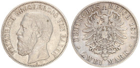 DEUTSCHE MÜNZEN NACH 1871
SILBERMÜNZEN des DEUTSCHEN KAISERREICHS
BADEN, Großherzogtum
Friedrich I., 1856–1907. 2 Mark 1876 G. J. 26. 
fss
