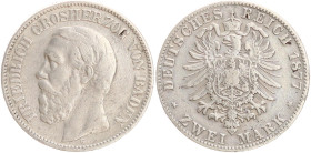 DEUTSCHE MÜNZEN NACH 1871
SILBERMÜNZEN des DEUTSCHEN KAISERREICHS
BADEN, Großherzogtum
2 Mark 1877 G. J. 26. 
s-ss