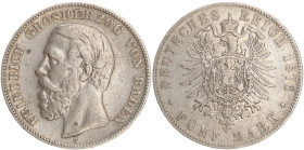 DEUTSCHE MÜNZEN NACH 1871
SILBERMÜNZEN des DEUTSCHEN KAISERREICHS
BADEN, Großherzogtum
5 Mark 1876 G. BΛDEN. J. 27F. 
fss