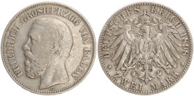 DEUTSCHE MÜNZEN NACH 1871
SILBERMÜNZEN des DEUTSCHEN KAISERREICHS
BADEN, Großherzogtum
2 Mark 1898 G. J. 28. Seltenerer Jahrgang. 
fss
