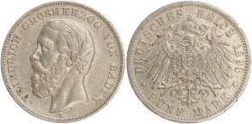 DEUTSCHE MÜNZEN NACH 1871
SILBERMÜNZEN des DEUTSCHEN KAISERREICHS
BADEN, Großherzogtum
5 Mark 1893 G. J. 29. 
ss