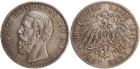 DEUTSCHE MÜNZEN NACH 1871
SILBERMÜNZEN des DEUTSCHEN KAISERREICHS
BADEN, Großherzogtum
5 Mark 1895 G. J. 29. Winz. Rdk. 
ss