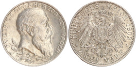 DEUTSCHE MÜNZEN NACH 1871
SILBERMÜNZEN des DEUTSCHEN KAISERREICHS
BADEN, Großherzogtum
2 Mark 1902 G, 50-jähriges Regierungsjubiläum. J. 30. 
vz...