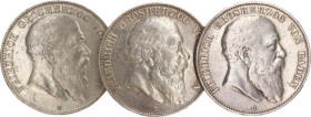 DEUTSCHE MÜNZEN NACH 1871
SILBERMÜNZEN des DEUTSCHEN KAISERREICHS
BADEN, Großherzogtum
5 Mark 1903, 1904, 1907 G. J. 33. 3 Stück 
ss