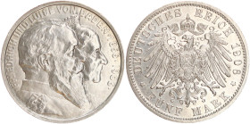 DEUTSCHE MÜNZEN NACH 1871
SILBERMÜNZEN des DEUTSCHEN KAISERREICHS
BADEN, Großherzogtum
5 Mark 1906 G. Goldene Hochzeit. J. 35. Winz. Kratzer. 
vz-...