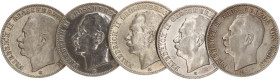 DEUTSCHE MÜNZEN NACH 1871
SILBERMÜNZEN des DEUTSCHEN KAISERREICHS
BADEN, Großherzogtum
3 Mark 1908, 1909, 1910, 1911, 1912 G (gereinigt). J. 39. 5 ...