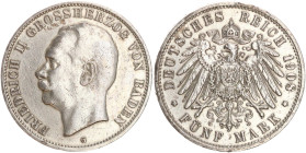 DEUTSCHE MÜNZEN NACH 1871
SILBERMÜNZEN des DEUTSCHEN KAISERREICHS
BADEN, Großherzogtum
5 Mark 1908 G. J. 40. 
ss