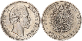 DEUTSCHE MÜNZEN NACH 1871
SILBERMÜNZEN des DEUTSCHEN KAISERREICHS
BAYERN, Königreich
5 Mark 1876 D. J. 42. 
ss