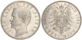 DEUTSCHE MÜNZEN NACH 1871
SILBERMÜNZEN des DEUTSCHEN KAISERREICHS
BAYERN, Königreich
Otto, 1886–1913. 5 Mark 1888 D. J. 44. Kratzer a.d. Rs. 
ss/s...