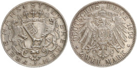DEUTSCHE MÜNZEN NACH 1871
SILBERMÜNZEN des DEUTSCHEN KAISERREICHS
BREMEN, Freie Hansestadt
2 Mark 1904 J. J. 59. 
vz-st