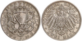 DEUTSCHE MÜNZEN NACH 1871
SILBERMÜNZEN des DEUTSCHEN KAISERREICHS
BREMEN, Freie Hansestadt
2 Mark 1904 J. J. 59. 
vz