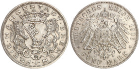 DEUTSCHE MÜNZEN NACH 1871
SILBERMÜNZEN des DEUTSCHEN KAISERREICHS
BREMEN, Freie Hansestadt
5 Mark 1906 J. J. 60. 
fvz