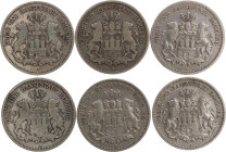 DEUTSCHE MÜNZEN NACH 1871
SILBERMÜNZEN des DEUTSCHEN KAISERREICHS
HAMBURG, Freie und Hansestadt
2 Mark 1876, 1877, 1878, 1880(s), 1883, 1888 J. J. ...