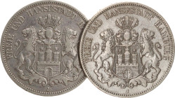 DEUTSCHE MÜNZEN NACH 1871
SILBERMÜNZEN des DEUTSCHEN KAISERREICHS
HAMBURG, Freie und Hansestadt
5 Mark 1875 u. 1876 J. J. 62. 2 Stück 
ss