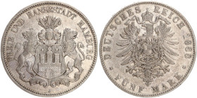 DEUTSCHE MÜNZEN NACH 1871
SILBERMÜNZEN des DEUTSCHEN KAISERREICHS
HAMBURG, Freie und Hansestadt
5 Mark 1888 J. J. 62. 
ss