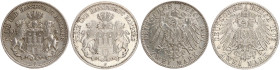DEUTSCHE MÜNZEN NACH 1871
SILBERMÜNZEN des DEUTSCHEN KAISERREICHS
HAMBURG, Freie und Hansestadt
2 Mark 1901 und 1902 J. J. 63. 2 Stück 
vz