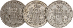 DEUTSCHE MÜNZEN NACH 1871
SILBERMÜNZEN des DEUTSCHEN KAISERREICHS
HAMBURG, Freie und Hansestadt
2 Mark 1904, 1906, 1907 J. J. 63. 3 Stück 
ss bis ...