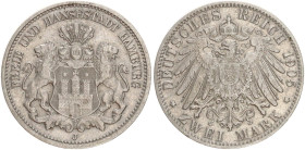 DEUTSCHE MÜNZEN NACH 1871
SILBERMÜNZEN des DEUTSCHEN KAISERREICHS
HAMBURG, Freie und Hansestadt
2 Mark 1905 J. J. 63. 
fss