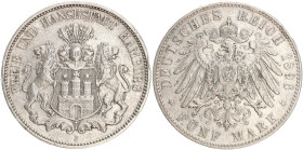 DEUTSCHE MÜNZEN NACH 1871
SILBERMÜNZEN des DEUTSCHEN KAISERREICHS
HAMBURG, Freie und Hansestadt
5 Mark 1896 J. J. 65. Kl. Rdd. R 
ss