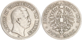 DEUTSCHE MÜNZEN NACH 1871
SILBERMÜNZEN des DEUTSCHEN KAISERREICHS
HESSEN, Großherzogtum
Ludwig III., 1848–1877. 2 Mark 1876 H. J. 66. 
s