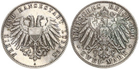 DEUTSCHE MÜNZEN NACH 1871
SILBERMÜNZEN des DEUTSCHEN KAISERREICHS
LÜBECK, Freie und Hansestadt
2 Mark 1901 A. J. 80. 
vz