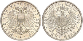 DEUTSCHE MÜNZEN NACH 1871
SILBERMÜNZEN des DEUTSCHEN KAISERREICHS
LÜBECK, Freie und Hansestadt
2 Mark 1904 A. J. 81. 
fst