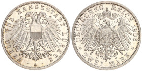 DEUTSCHE MÜNZEN NACH 1871
SILBERMÜNZEN des DEUTSCHEN KAISERREICHS
LÜBECK, Freie und Hansestadt
2 Mark 1906 A. J. 81. 
vz-st