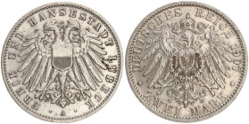 DEUTSCHE MÜNZEN NACH 1871
SILBERMÜNZEN des DEUTSCHEN KAISERREICHS
LÜBECK, Freie und Hansestadt
2 Mark 1907 A. J. 81. 
ss