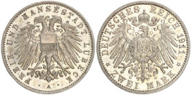 DEUTSCHE MÜNZEN NACH 1871
SILBERMÜNZEN des DEUTSCHEN KAISERREICHS
LÜBECK, Freie und Hansestadt
2 Mark 1911 A. J. 81. 
vz