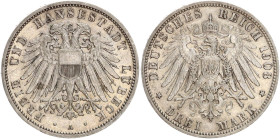 DEUTSCHE MÜNZEN NACH 1871
SILBERMÜNZEN des DEUTSCHEN KAISERREICHS
LÜBECK, Freie und Hansestadt
3 Mark 1908 A. J. 82. 
fvz