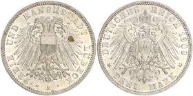 DEUTSCHE MÜNZEN NACH 1871
SILBERMÜNZEN des DEUTSCHEN KAISERREICHS
LÜBECK, Freie und Hansestadt
3 Mark 1909 A. J. 82. Winz. Oxidfleck. 
vz-st