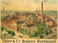 DORTMUND. Interessantes Werbeplakat der Brauerei Thier & Co. Für Bierhallen und Kneipen hergestellt. Farbige Lithographie um 1908/1910 mit Ansicht des...