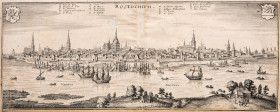 ROSTOCK (ROSTOCHIVM). Querrechteckiger Kupferstich aus der Topographie Germaneae der Ausgabe 1653, S. 236 von Matthaeus Merian Erben. Ansicht der Stad...