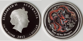 Elizabeth II silver Colorized Proof "Year of the Dragon" Dollar 2012-P UNC, Perth mint, KM1664.4. Red and Black colored dragon. Accompanied by case of...