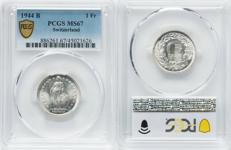 Confederation Franc 1944-B MS67 PCGS, Bern mint, KM24. HID09801242017 © 2023 Her...