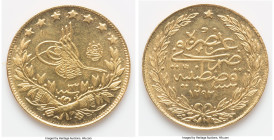 Ottoman Empire. Abdul Hamid II gold 100 Kurush AH 1293 Year 32 (1907/1908) AU, Constantinople mint (in Turkey), KM730. 22.4mm. 7.20gm. HID09801242017 ...