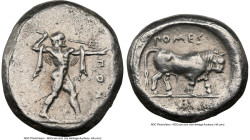 LUCANIA. Poseidonia. Ca. 470-420 BC. AR stater (19mm, 7.70 gm, 3h). NGC Choice VF 5/5 - 2/5, brushed. ΠΟΣEI, Poseidon striding right, nude but for chl...