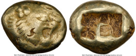 LYDIAN KINGDOM. Alyattes or Walwet (ca. 610-546 BC). EL third-stater or trite (14mm, 4.64 gm). NGC Fine 4/5 - 3/5, countermarks. Lydo-Milesian standar...