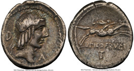 L. Calpurnius Piso Frugi (90 BC). AR denarius (19mm, 3.84 gm, 1h). NGC Choice VF 5/5 - 2/5. Rome. Laureate head of Apollo right; D behind, A below chi...