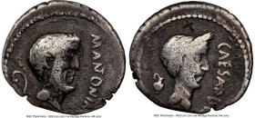 Marc Antony, as Imperator and Triumvir (44-43 BC), with Divus Julius Caesar. AR denarius (18mm, 3.30 gm, 12h). NGC VG 5/5 - 2/5, bankers mark, edge cu...
