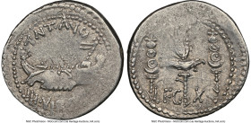 Marc Antony (43-30 BC). AR denarius (19mm, 3.76 gm, 8h). NGC Choice VF 2/5 - 4/5, flip-over double strike. Legionary issue, military mint traveling wi...
